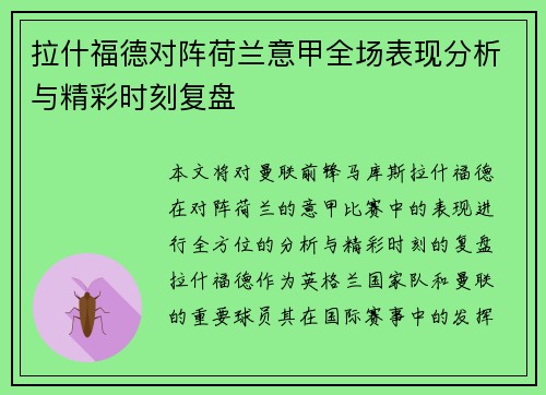 拉什福德对阵荷兰意甲全场表现分析与精彩时刻复盘