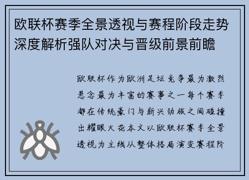 欧联杯赛季全景透视与赛程阶段走势深度解析强队对决与晋级前景前瞻