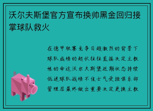 沃尔夫斯堡官方宣布换帅黑金回归接掌球队救火